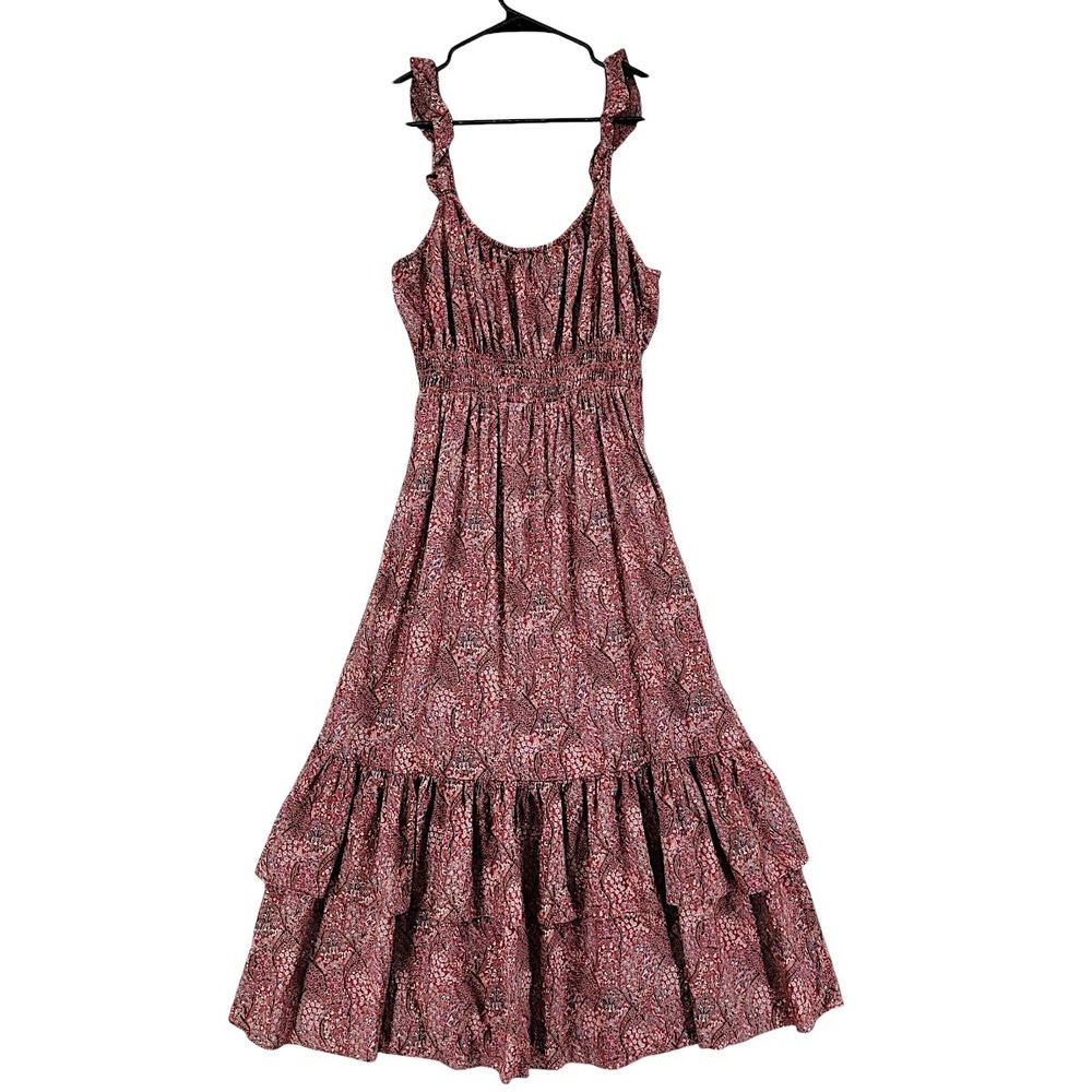 PAIGE Tiered Maxi Dress M Brick Red Multi Floral Smocked Ruffle Festival Prairie - Picture 13 of 13